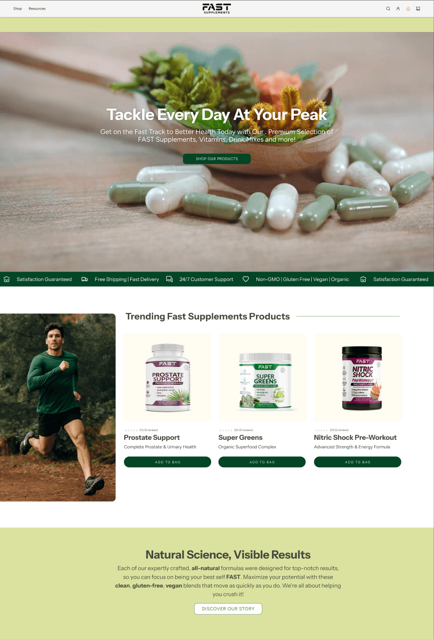 Fast Supplements homepage showing hero section and product grid