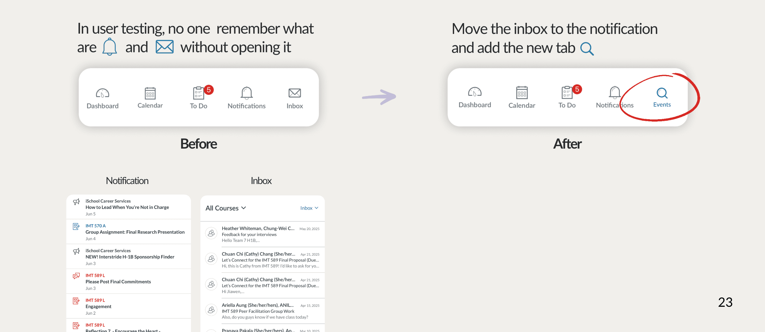 Before and after of the simplified Canvas top navigation