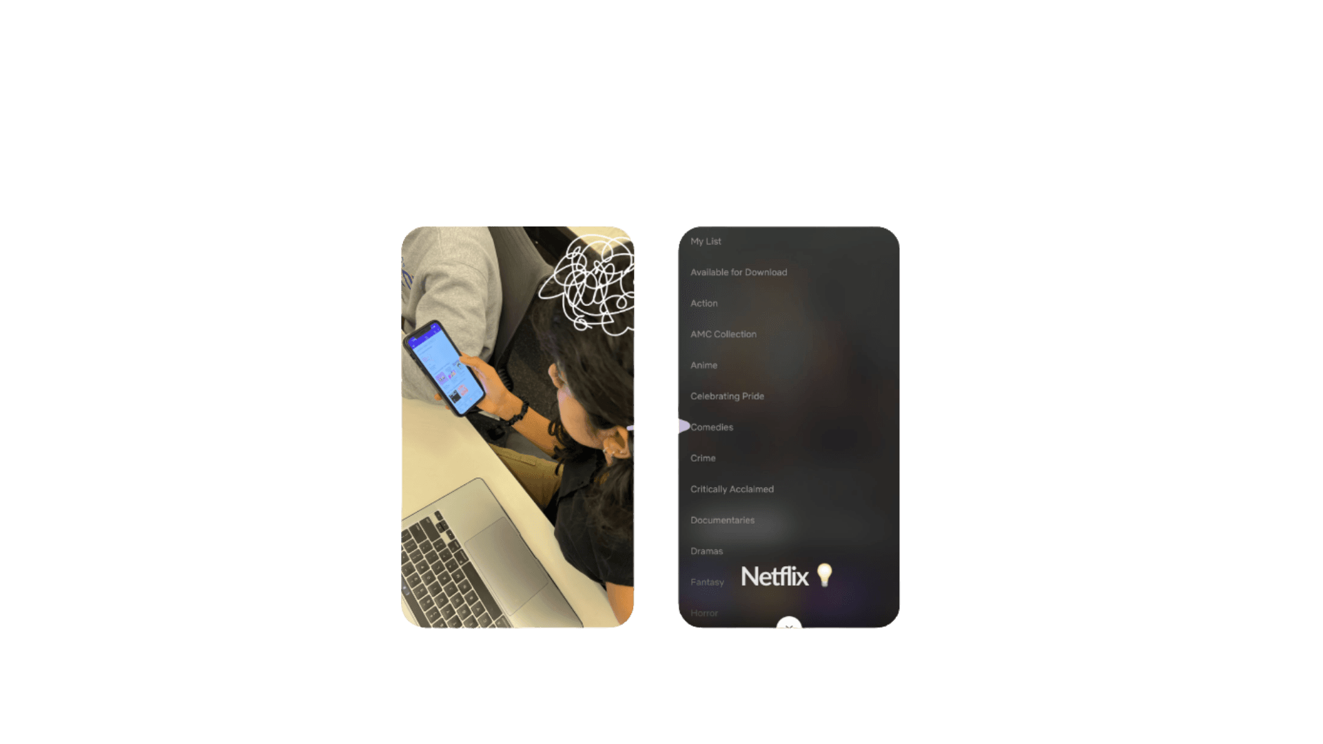 Student on a laptop next to a Netflix-style genre menu reference