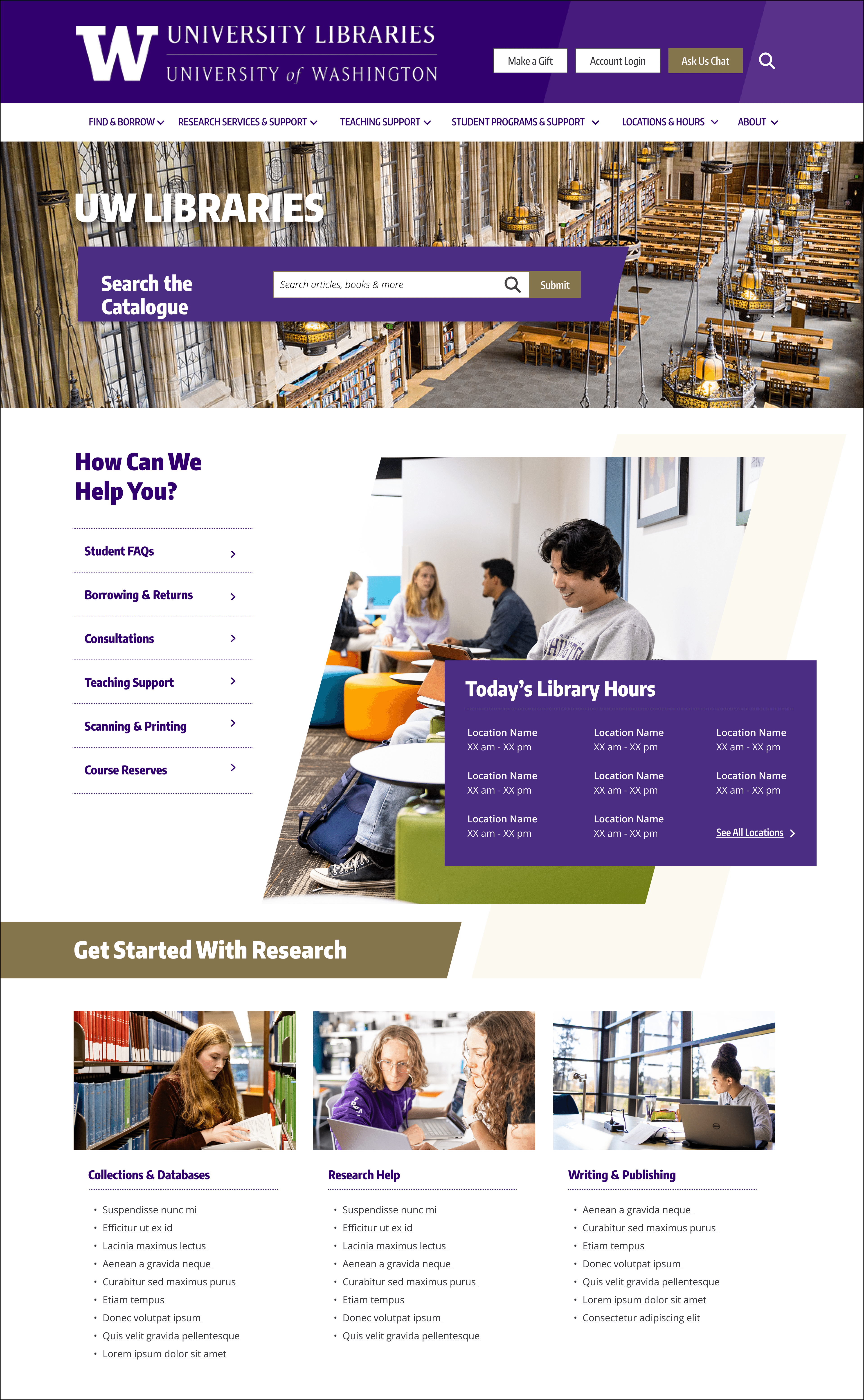 Redesigned UW Libraries website — cleaner hierarchy, consistent components