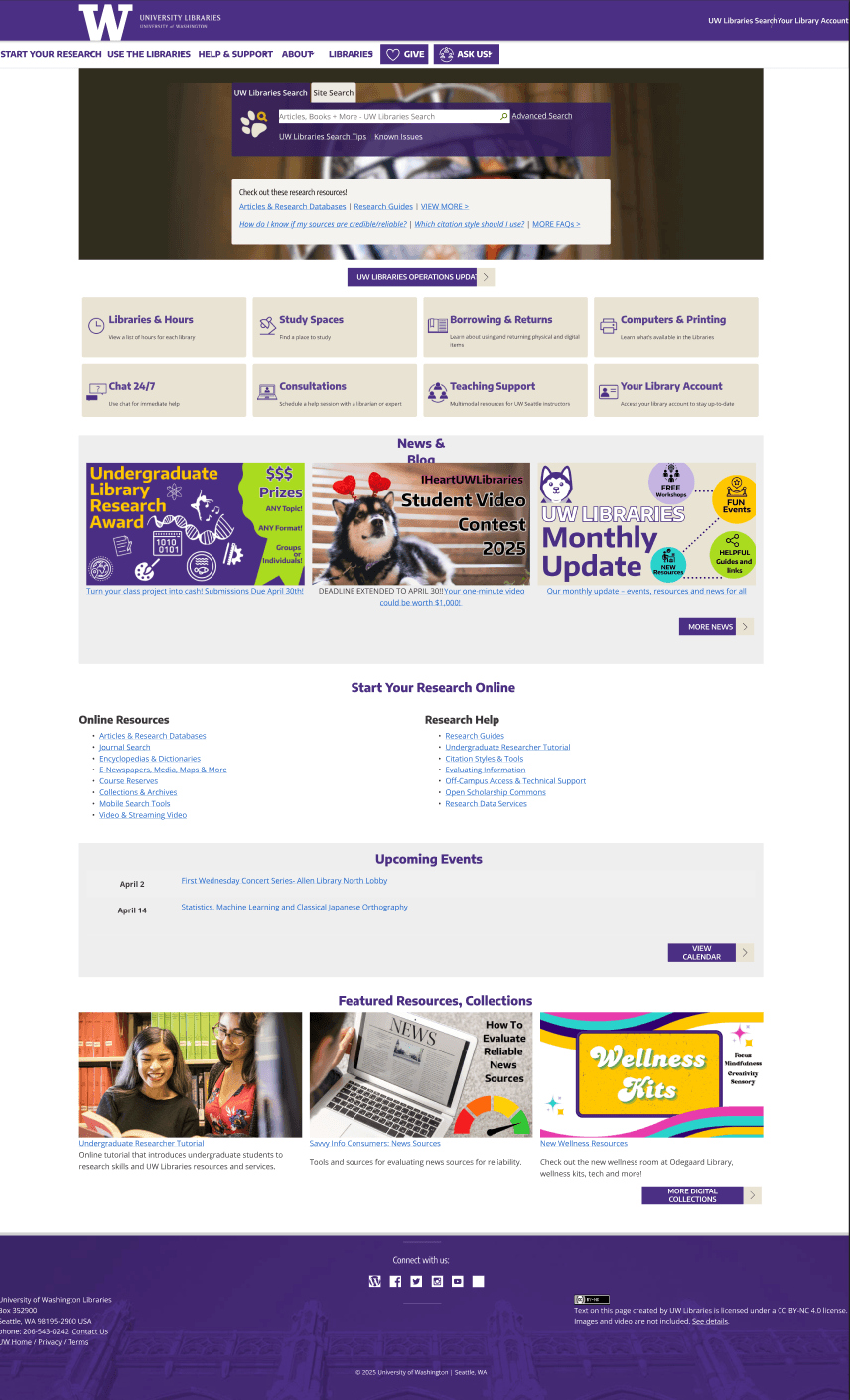 Original UW Libraries website — cluttered layout with information overload