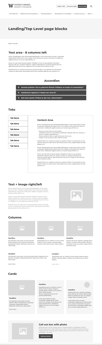 UW Libraries landing / top level page blocks template screenshot