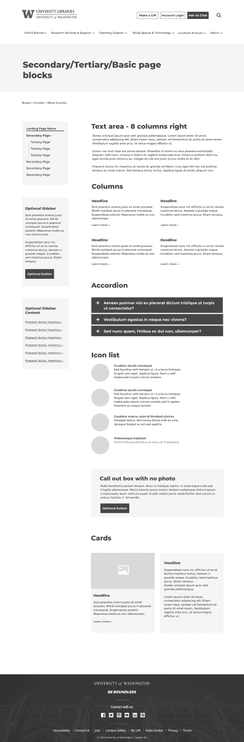 UW Libraries secondary / tertiary blocks page template screenshot